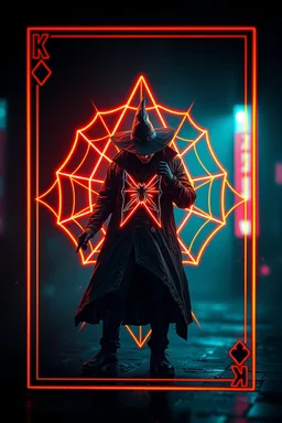 neon spiderweb sacred geometry framed playing card, black, yellow and orange neon cyber punk dancer thief in soaked rain coat and cowboy witch hat shadows boss card in the style of Giger and fallout 4 ,,bokeh like f/0.8, tilt-shift lens 8k, high detail, smooth render, down-light, unreal engine