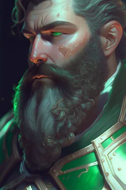 photorealistic white male bearded handsome, hyperdetailed painting, luminism, Bar lighting, complex, dark green miltary armor, 4k resolution concept art, Artgerm, WLOP, Alphonse Mucha, 3d render, octane render, intricately detailed, cinematic, awesome full color, hand drawn, dark, gritty, cinematic