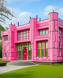 A pink spider mansion with magical gas designed in Heidrun manuscripts painted by Piet Mondrian