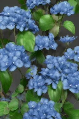 a bunch of blue flowers with green leaves, a digital rendering by Kanzan Shimomura, cgsociety, photorealism, rendered in maya, daz3d, photorealistic