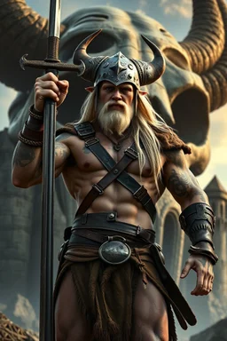 Snot Bubbles, an extremely muscular 18-year-old Cotar the barbarian with tattoos, battle-scarred face, and long, shoulder-length bleach-blonde hair wearing leather shoulder and chest harness and armor, loincloth and a steel war helmet with horns and a buffalo hide brim, standing in front of a giant, skull-shaped castle raising the sword in his hand to the sky, 1200ppi, 2000dpi, Ultra-HD, hyper realistic, photorealistic, lifelike, professional grade photography, digital art