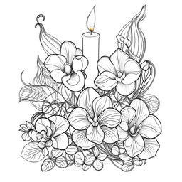 outline art for visually rich appealing heart shape orchids plumeria rounded stones candles, ikebana style, coloring page for kids, white background, fit to page, only use outline, clean line art, no shadows, clear and well outlined