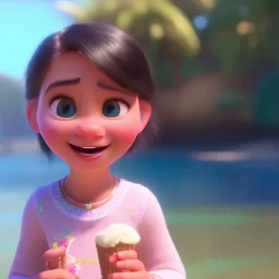 cute, smileing girl eating ice cream, Pixar, disney, cinema lighting, gaming, 8k, magic, love --q 1 --v 4