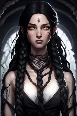 Young beautiful female Hexblood character . Bright glowing pale eyes. Long, thick, silky jet-black hair reaching her waist, with a center part and two loose Dutch braids starting at her temples, flowing into the rest of her straight hair. A few soft strands frame her face. Thin dark vine-like markings spread across neck and collarbone as a sign of an ancient curse. Dark fantasy, realistic, cinematic, highly detailed.