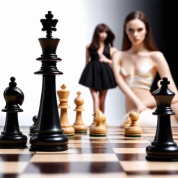 A chess game with female fashion models as the chess pieces.