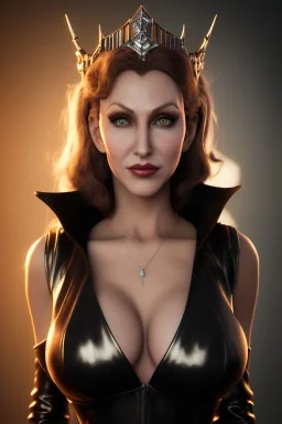 Brandi Love as evil queen in black leather, leather, busty, cleavage, angry, stern look. character design by cory loftis, fenghua zhong, ryohei hase, ismail inceoglu and ruan jia. unreal engine 5, artistic lighting, highly detailed, photorealistic, fantasy