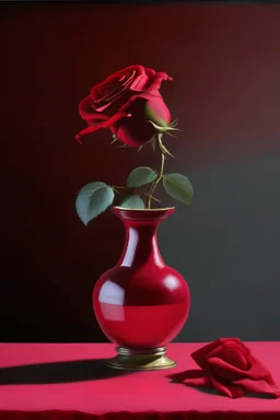 una rosa de color rojo con florero de color rosa en mesa de color roja