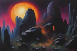 Night, mountains, rocks, fantasy, 90's sci-fi movies influence, rodolphe wytsman and friedrich eckenfelder impressionism paintings