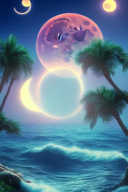 1980's vaporwave aesthetic palm trees with lightning with lunar eclipse moon crescent in the ocean waves sunset