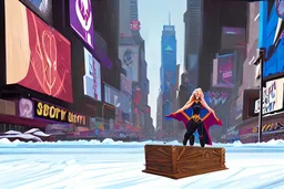 Supergirl merrily sliding inside a very old soapbox of wood, over a huge pile of snow in Times Square.