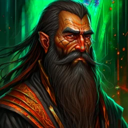 dnd, fantasy, wizard, portrait, face, close up, long beard, black hair, angular features, exotic features, long, slender
