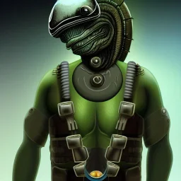 Alien, snake, metaljellyfishsombrero, vest, hands, holding gun, holster, steel military boots, squishy, chest plate, oxygen mask, bulbus nos snout, reptile pupil, blasterrifle, jacked, sail