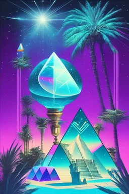 vaporwave, tarot card, palm trees, crystal ball, pyramid, galaxy, horus