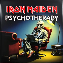 heavy metal albumn cover for "IRON MAIDEN" titles "PSYCHOTHERAPY" based specifically on artist Derek Riggs design and style. Album cover features name of band in iconic Iron Maiden font and is of Iron Maiden's leering rictus faced mascot Eddie who is dressed as a psychologist sitting cross-legged in a leather chair next to a therapist's couch holding a clipboard.