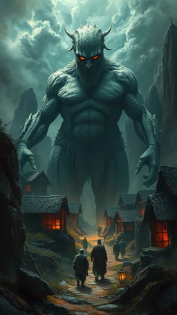 Busch nightmares paining style, thin line draw ,Title:a giant man looks like a hero , a view of a Stone Age village , 8k artistic photography, photorealistic concept art, soft natural volumetric cinematic perfect light, chiaroscuro, award-winning photograph, masterpiece, oil on canvas, Raphael, Caravaggio, Greg Rutkowski, people, beksinski, Giger