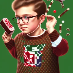 peter billingsley chubby kid with glasses, holding a ((Dark red))soap bar, ((brown))argyle sweater