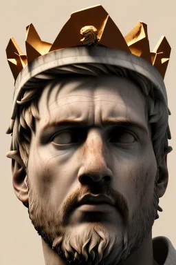 Ultra Realistic image, Roman sculpture, white marble material, Lionel Messi, gold crown of natural thorns, god crown, gold veins, gold ornaments, Renaissance style, sun rays background, waist up portrait, epic, celestial, cinematic lighting, God lights, 4k resolution, smooth details, soft lighting, unreal engine 5, art station, substance 3d.