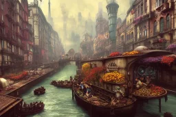 Train raid Train Canal River and corner shop greengrocer in colorful Italian street+Gothic city+BioShock+Dishonored+Bloodborne +trieste+Edinburgh+Chicago+victorian London+decòpunk Skyscraper+ +steampunk+biopunk+alphonse mucha, greg rutkowski,matte painting, cryengine, hyper detailed, felix kelly, fantasy art, seb mckinnon