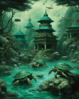 A blackish teal realm with piercing eyed turtles designed in Japanese Oni masks painted by John Atkinson Grimshaw