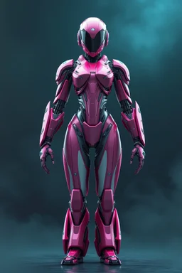 Hyper-realistic full-body 3D surreal digital painting of a female humanoid droid mechanic standing upright, perfect full-body proportions, elegant futuristic design, highly detailed mechanical anatomy with refined joints and precision engineering, sleek magenta metallic armor with subtle wear and realistic reflections, diamond-like crystalline accents integrated into the body design, cinematic pose showing full silhouette from head to feet, rich deep teal atmospheric background, soft volumetric