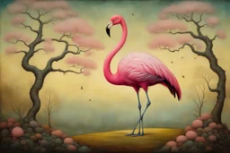 A hybrid fusion of a flamingo and a tree, with delicate pink feathers sprouting from the branches and a graceful body and neck that curves into flowering foliage, surrealism, by Yves Tanguy, by Andy Kehoe, colorful, graceful.