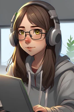 generate a 14 year old girl with brown wolfcut hair, big overzied grey hoodie who is gaming at her pc. she has clear framed glasses and a white headset