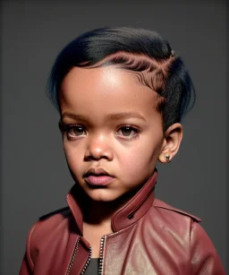 Rihanna toddler, full height, leather jacket, soft skin, dramatic lighting, hyper realistic