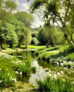 Olive green wetlands with garlic shaped trees painted by John Singer Sargent