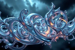 Dynamic complex hypnotic fractal 3D structures horizontal Symmetry twisting and morphing between organic and geometric forms , smooth translucent iridescent glass with inner glow and bubbles, varied transparent materials, stormy skies, intense dramatic