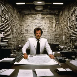 [art form Terry Gilliam's Brazil (1985)] The desk employee, lost in the labyrinth of bureaucracy, fills out forms with a mechanical precision that belies his inner turmoil. The pen in his hand dances across the paper, tracing sigils and symbols that seem to whisper secrets of a reality beyond his grasp. Suddenly, the walls of the office begin to ripple like water, warping and twisting into grotesque shapes that defy logic. he delves deeper into this strange and fantastical world