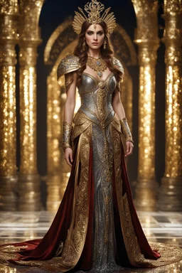 Realistic photography,front view, Beautiful Queen Byzantine fairy super model Byzantine Woman, brown hair,dressing luxury party gown,looking at viewer,traditional dress ornaments Luxury gown Byzantine traditional, intricate armor, delicate golden shine bright, black metalic parts, detailed part, jewelry diamonds,dynamic pose,abstrac background, dynamic lighting, red hour, full body portrait