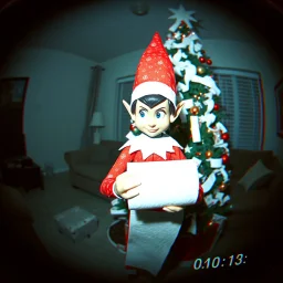 CCTV, grainy and glitchy security cam screen capture of a guilty looking Christmas elf holding a toilet paper roll in front of a toilet paper covered Christmas tree, background a suburban living room at midnight, chaotic, mischievous elf, toilet paper covered Christmas tree, low contrast, blurry glitch textures, security cam LED time stamp, dark grainy night vision texture