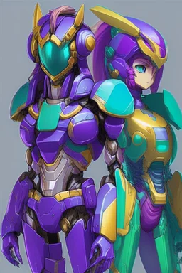 One Genderless Cyborg made of metal, has a human like face with a really long violet ponytail, the cybord is wearing armor similar to Omega from Megaman. The color palatte of the armour is deep purple and yellow. The Cyborg is not wearing a Helmet, and has Turquoise colured eyes.