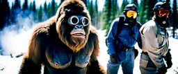 close up of a bigfoot in goggles in documentary photography, burned trees, Wildfire, Smoke, burning, forest fire, August 1995, Yeti, Dystopian, Japanese, Extreme depth of field, bokeh blur, Alberta, all-natural, in the style of candid, imperfection, natural lighting, Professional shot, shot on Agfa, Fuji Film, Anamorphic lens --ar 4:5 --w 150 --style raw