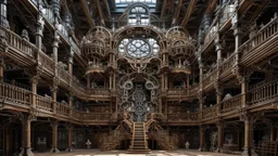 Un enorme teatro anatómico suspendido sobre un paisaje industrial, construido con madera tallada, metal envejecido y superficies que parecen porcelana. En el centro, una figura humana adulta de aspecto escultórico observa una maquinaria imposible formada por engranajes, tubos, alas y estructuras orgánicas. Arquitectura fantástica, proporciones ligeramente deformadas, superficies impecablemente modeladas, estética de escultura digital surrealista, mezcla de elegancia victoriana y biomecánica, ilu
