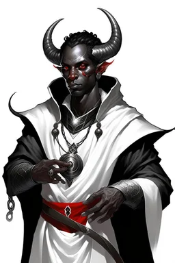 En Young male black skin black hair tiefling Wizard with large horns glowing Silver and White symbols Everywhere on his body. He's wearing silver and White Rope and a silver cloak. His horn a perfectly place on acet from the front to the back pointing upwards with glowing Red cat Eyes. His close is elegant get simple