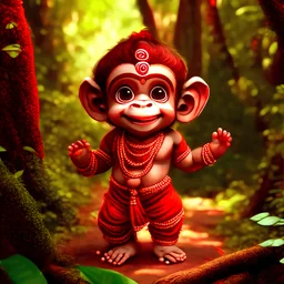 very cute tiny, Hindu God Hanuman childhood, with monkey face, standing, smiling, wearing red dhoti, in beautiful forest, highly detailed, High resolution, High quality, ultra realistic HD, 12k, rim lighting, adorable big eyes, small, Perfect lighting, realistic, Sharp focus