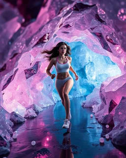 make a video pretty crystal cave covered with jewells and CIFI jewell lights and 3d recursive cubic and sphere base pearls and a beautiful fashion model lady with cute,curvy hair,makeup, in pretty sports suit is running inside cave ,dynamic camera fallow her inside cave capturing full body, dynamic lights.