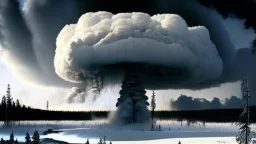 Tunguska event, Siberia scenery,taiga forest,winter, fozen river,heavy clouds, consisting of tall trees and dense vegetation, a mushroom-shaped cloud rises into the sky. The cloud is depicted as a massive column of smoke, dust, and debris, ascending vertically and spreading out at the top, forming a distinctive mushroom-like shape, a barren and desolate scene, with charred remnants of trees scattered across the scorched earth, high resolution photo 24K, high quality, ultraHD, cinematic lighting,