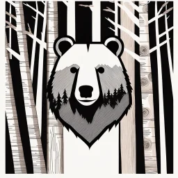 M shaped bear head combined with woods silhouette in backround, letterpress style, minimalistic pencil art