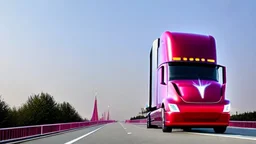 A Tesla semi-truck is racing at top speed, across the 'Everland Resort', in South Korea. CINEMATIC. WIDE ANGLE LENS.