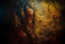 oil painting in surrealistic style: red demon. dystopic dark enviroment. colors run partially, oil paints on canvas. dramatic painting effects. crackles, mystic dark mood. horror, science fiction, depression. postapocalypse. nebular.