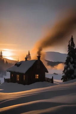 Cottage with smoke coming out of chimney amidst winter landscape in deep snow, in the background a forrest is visible. The sun is setting. Mountains in the far off background.