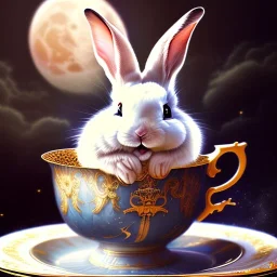 laughing bunny king , dreaming of the moon, drinking warm tea surfing waves on a teacup,misty fantasy art, book cover