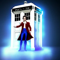 Prince as Doctor who standing next to his tardis, photo realistic, —creative