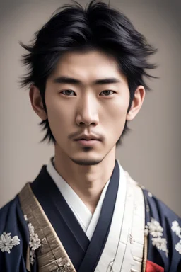 Young 20 year old japanese man, stubble on face, wearing traditional samurai clothing, anime
