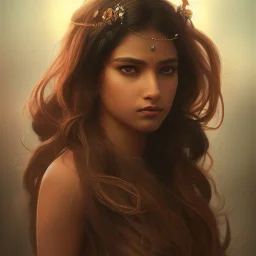  Indian princess , cute, beautiful, long hair, wavy hair, black eyes, head and shoulders portrait, cinematic, 8k, resolution concept art portrait by Greg Rutkowski, Artgerm, WLOP, Alphonse Mucha dynamic lighting hyperdetailed intricately detailed