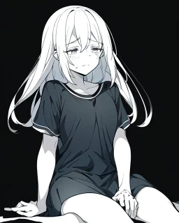 numb, sad, black and white, anime girl sitting with full black background