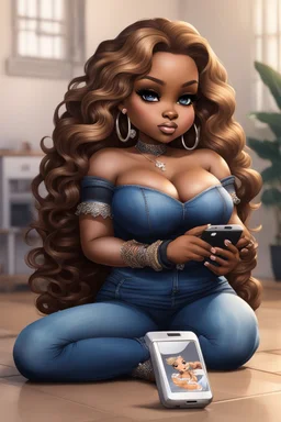 Create a magna art of a black chibi curvy female sitting on the floor looking at her cell phone. She is wearing tight blue jeans and a black off the shoulder blouse. Prominent make up with lush lashes. Highly detailed wavy ombre blonde and brown long hair. She is also wearing silver large hoop earrings