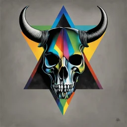 Iconic Pink Floyd's "dark Side of the Moon" album cover retrofitted for "Danzig", color spectrum refracted through Danzig's bull skull logo, by George Hardie, sinister, heavy metal, dark color spectrum.